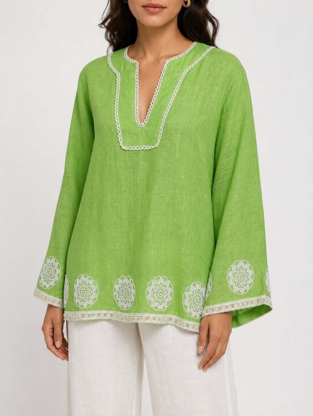 Vintage 100% Linen Beaded Embroidered Lime Green Boho Resort Tunic M